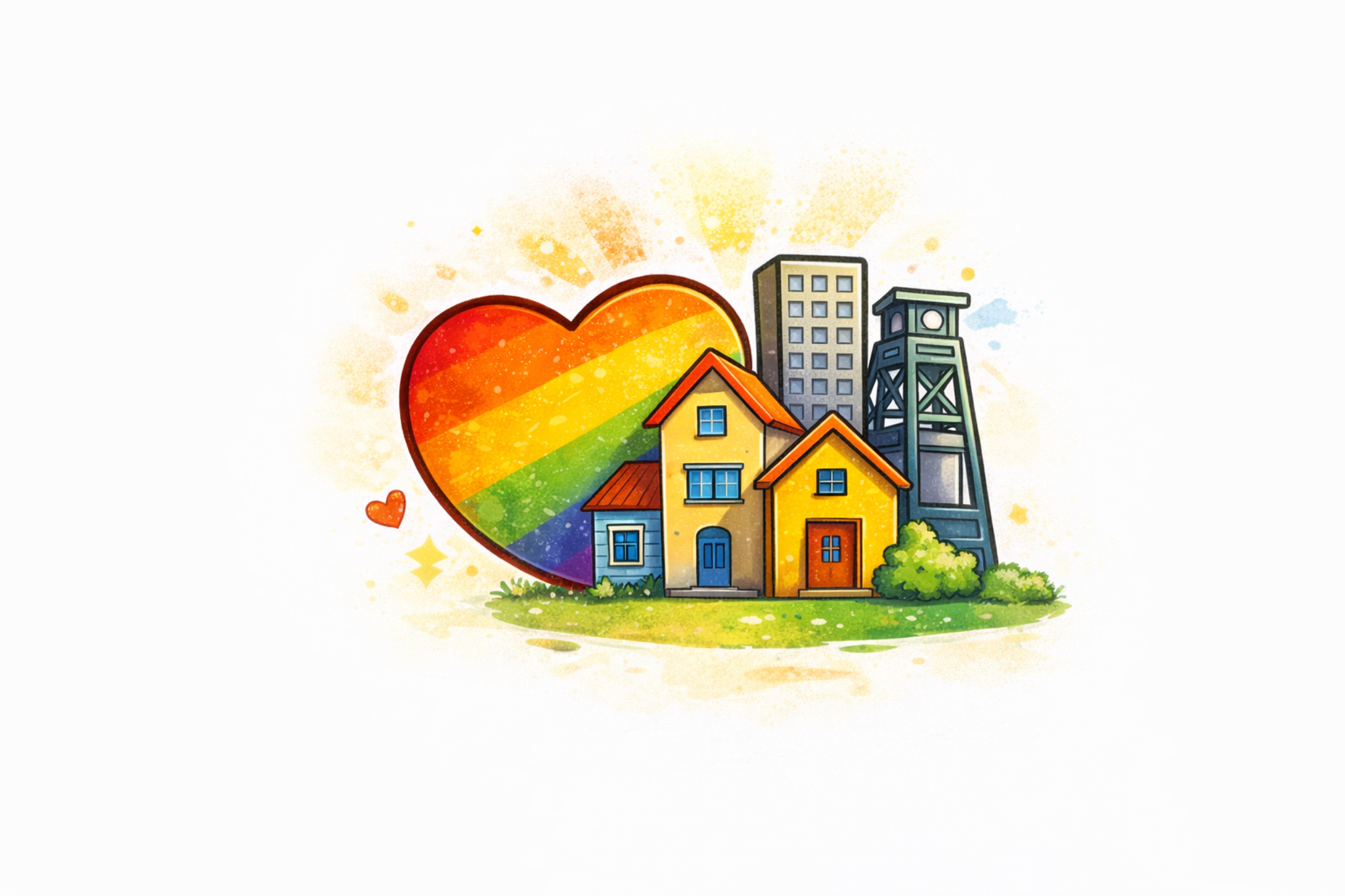 Regenbogenherz vor Haeusern und Ruhrgebietsstrukturen