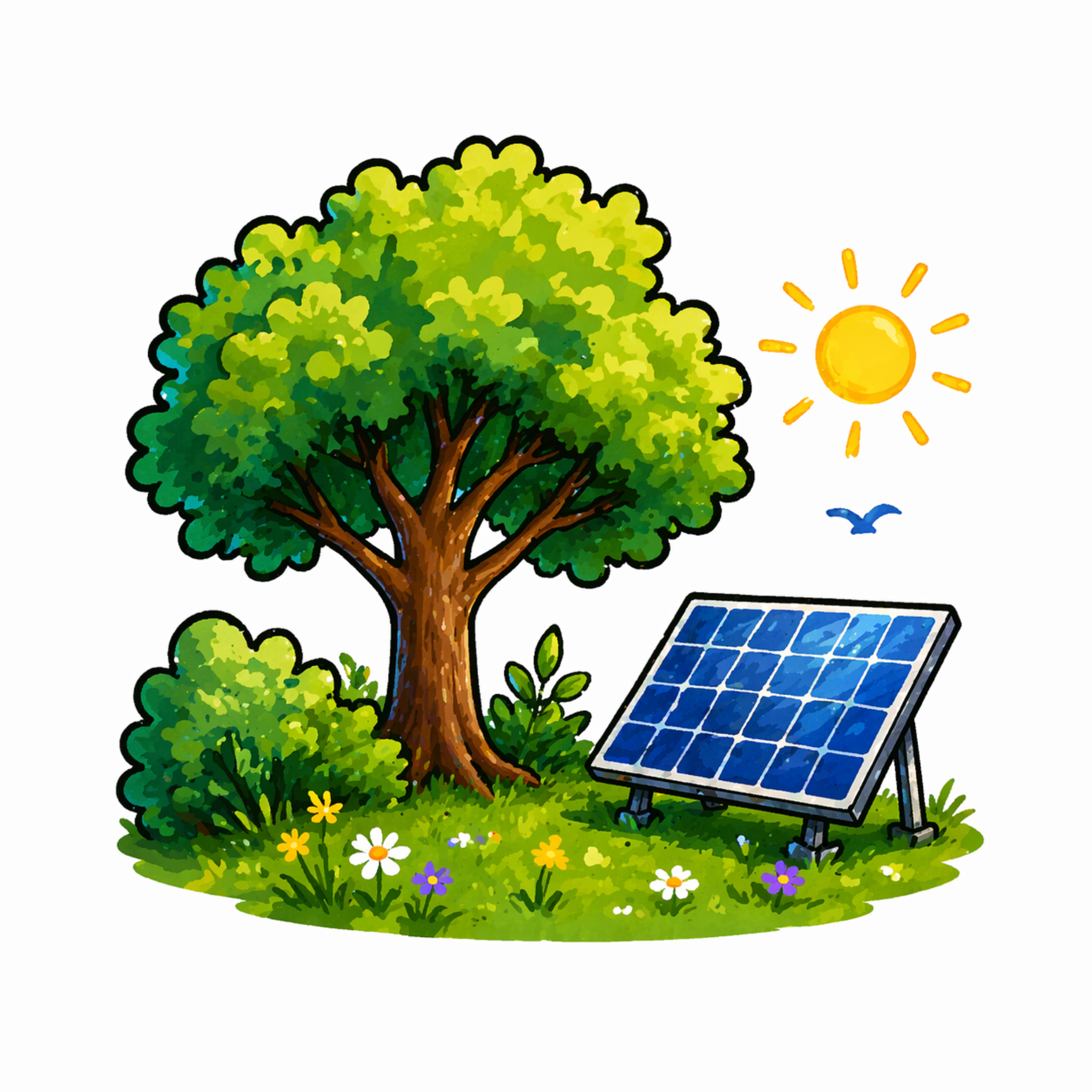 Baum mit Solarpanel auf einer Wiese