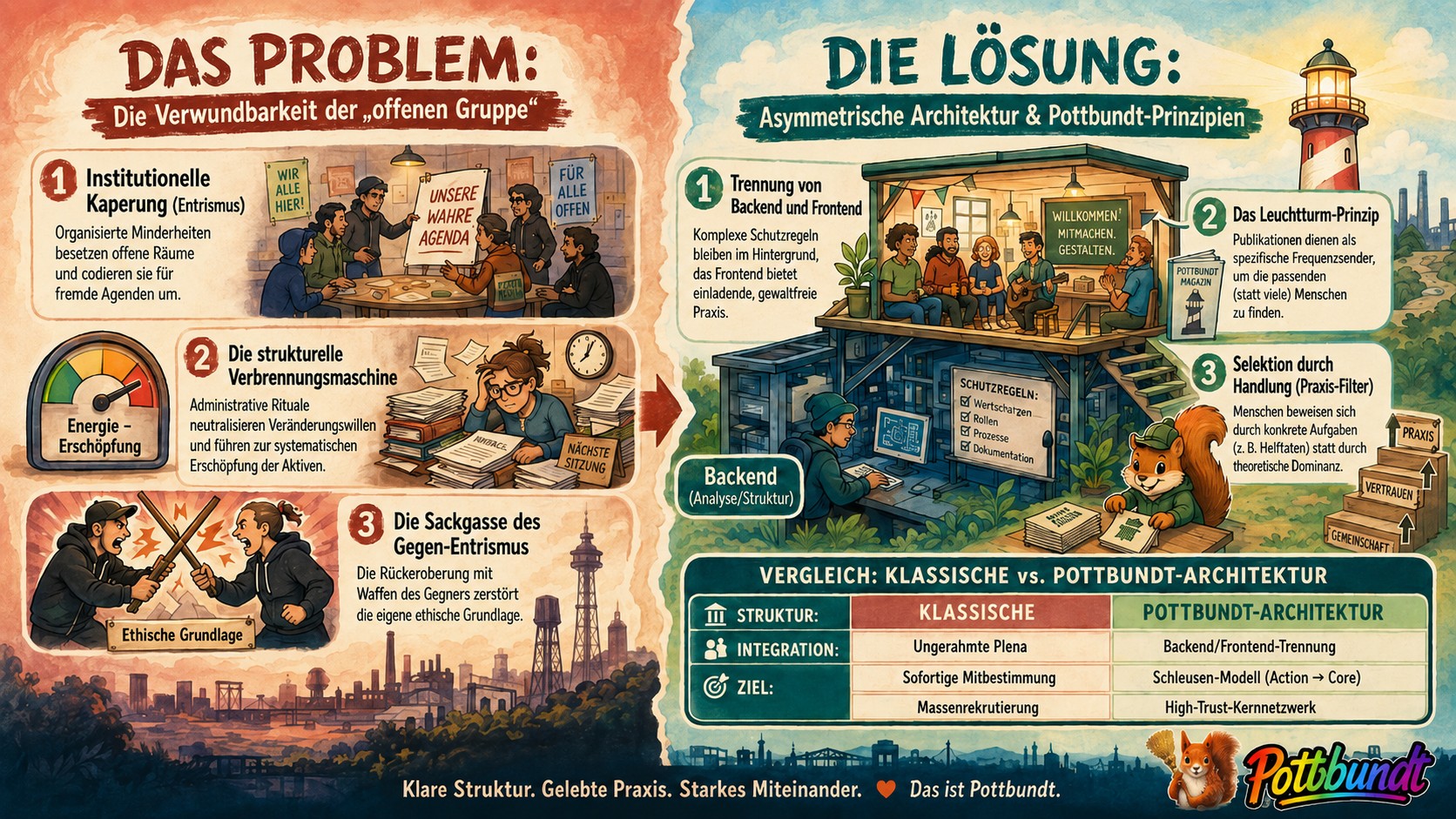 Infografik zu strukturellen Problemen offener Gruppen und der Pottbundt-Lösung