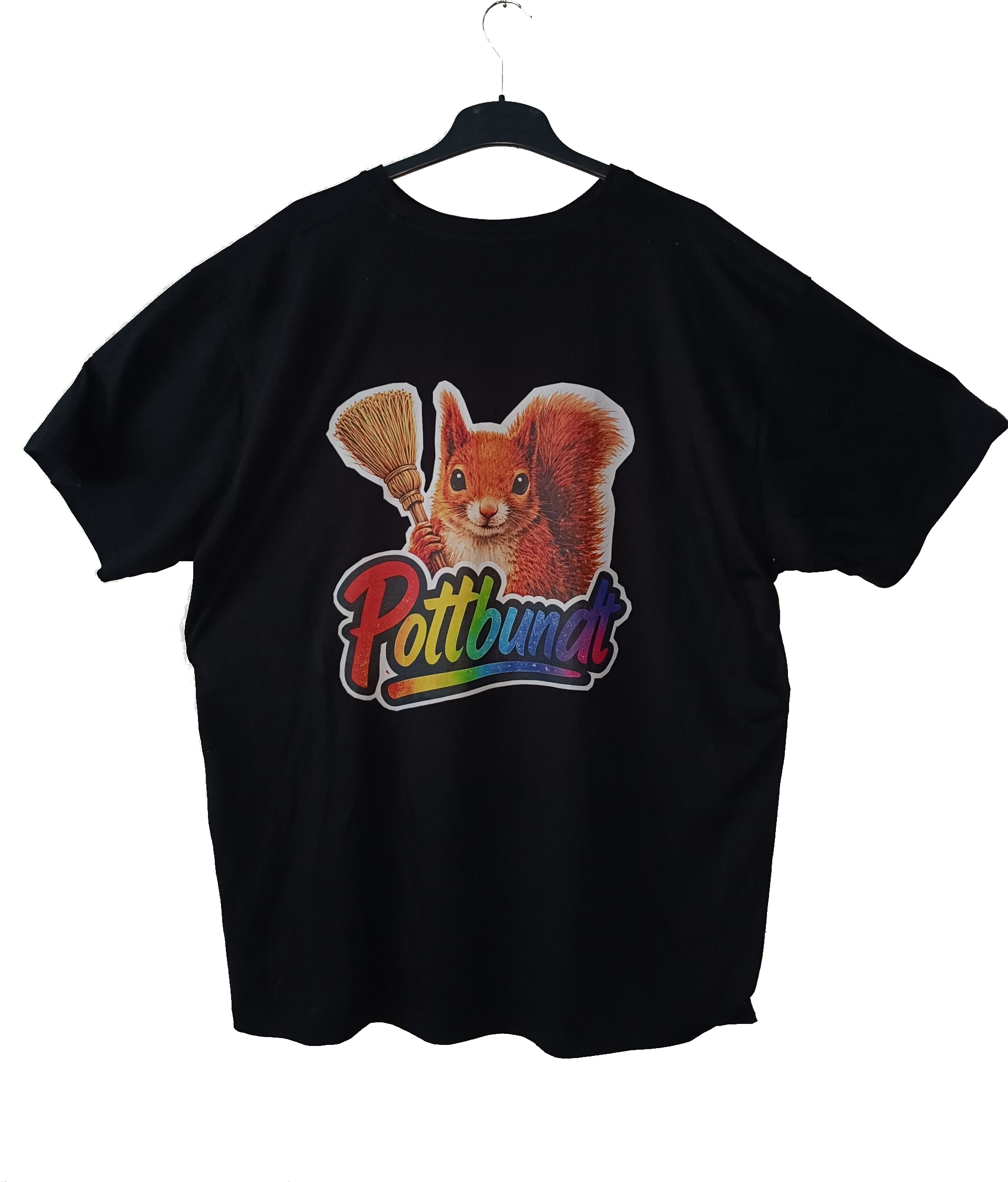 Schwarzes Pottbundt-Shirt mit Eichhörnchen-Logo